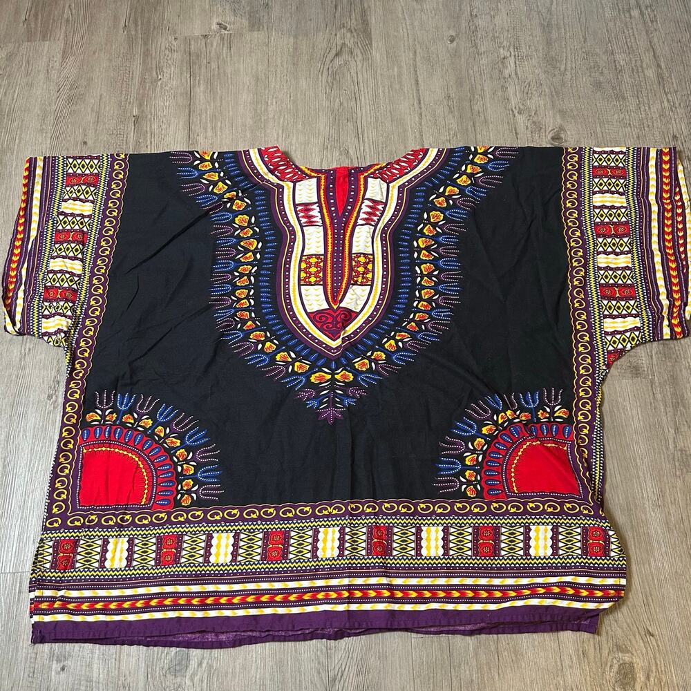 African Dashiki Shirt Unisex Plus Size Black Multicolor Tribal Tunic 30” Chest - Picture 5 of 7